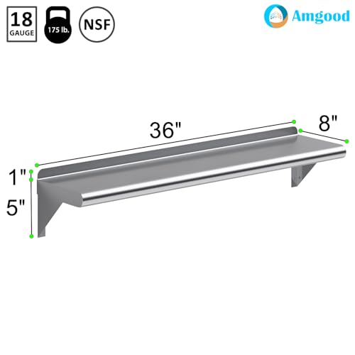 Image of AmGood 8 in. x 36 in. Stainless Steel Wall Shelf | NSF | Metal Shelving | Garage, Laundry, Storage, Utility Room | Restaurant, Commercial Kitchen