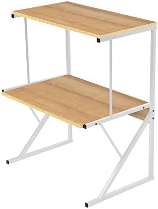 2 Tier Kitchen Countertop Microwave Oven Unit Shelving Stand Rack for Household Storage Organizer, Home Office Desktop Shelf Printer Rack Free Standing Metal Frame Wood Tabletop