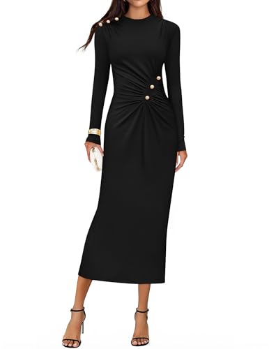 ZESICA Womens 2025 Fall Long Sleeve Mock Neck Bodycon Midi Dress Ruched Knit Elegant Party Cocktail Formal Dresses