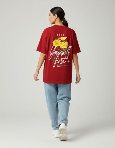 Image of Oversized Cotton T-Shirt for Women Half Sleeve - Love Yourself First Printed Tee - Breathable Loose Fit Motivational Casual Wear for College and Daily Outfits