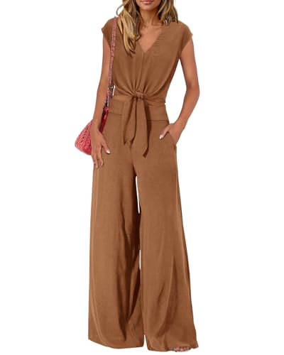 Image of PRETTYGARDEN Women's Summer 2 Piece Outfits 2026 Cap Sleeve V Neck Belted Crop Tops Wide Leg Pant Sets Casual Tracksuit