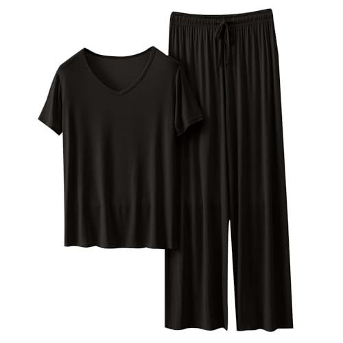 cfpqv Pijama de verano para mujer, conjunto de pijama de dos piezas, color huevo, ropa de dormir, ropa de salón, camiseta de pijama y pantalones de pijama, ropa de dormir de 2 piezas, Negro , L