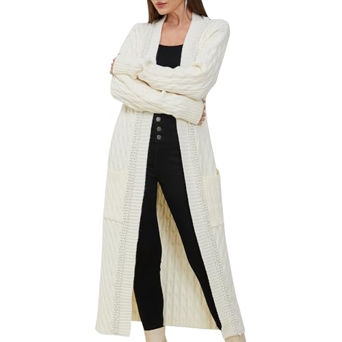 Aperlamiri Cardigan Sweater for Women Trendy Front Drape Oversized Long Cardigan Pearl Trimmed Casual Lounge Wear
