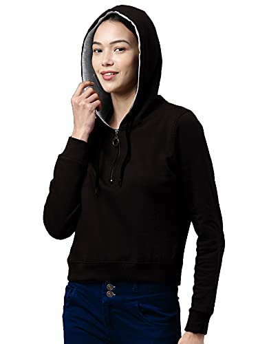 Image of Maniac Women's Solid Round Neck Full Sleeve Black Zip Cotton Sweatshirt