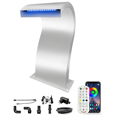LONGRUN Bluetooth Application Control Pond Falls Springs Stainless Steel Falls S - Shaped Falls Blade with 7 Color LED, Pool Springs Springs Kit for Ground Pool - 24x51.5x30cm Cover