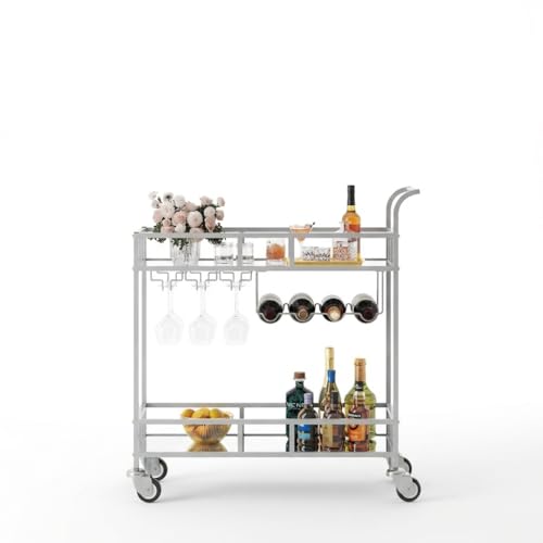 Garvee Chariot de bar roulant 2 niveaux – Métal argenté avec étagères miroir – Porte-bouteilles (4 vins), 3 rangées de verres – Compact, portable...
