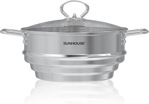 SUNHOUSE 5 Quart Stainless Steel Steamer Insert – Multi-Purpose Soup & Food Steamer with Stay-Cool Handles & Heavy-Duty Glass Lid – Fits Various Pot Sizes (8