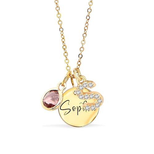 Customized Birthstone Necklace with Initial, Personalized Silver Name Plate Necklace for Women, Custom Pendant Jewelry Gifts for Christmas Birthday Thanksgiving Anniversary