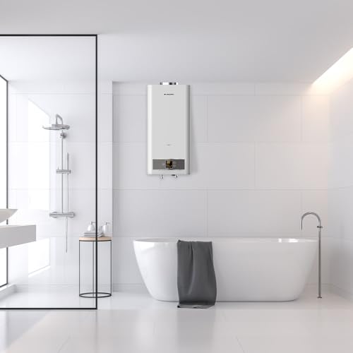 Aspes ACE1110B Gasheizung, 11 Liter, vertikale Installation, 45 W, inklusive Montageset, mechanisches Thermostat, digitales Thermometer, Weiß, Energieeffizienzklasse A