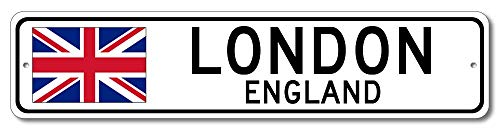 London, England - England Flag Street Sign - Metal Novelty Sign, Personalized Gift Sign, Man Cave Street Sign, England City Sign, Restaurant or Pub Sign, Made in USA - 4x18 inches