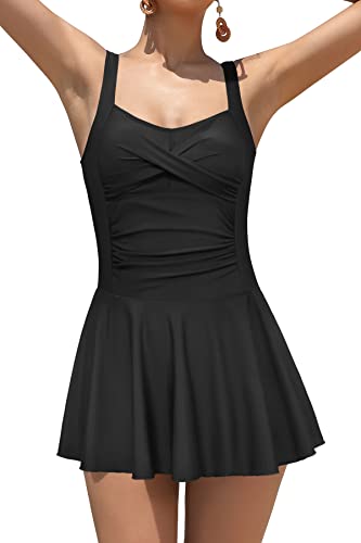 SHEKINI Mujer Bañador con Falda Traje de Baño Elegante Ruched Control Abdomen Tankini Deportivo Ajustable Falda de Baño de Una Pieza(M,Negro B)