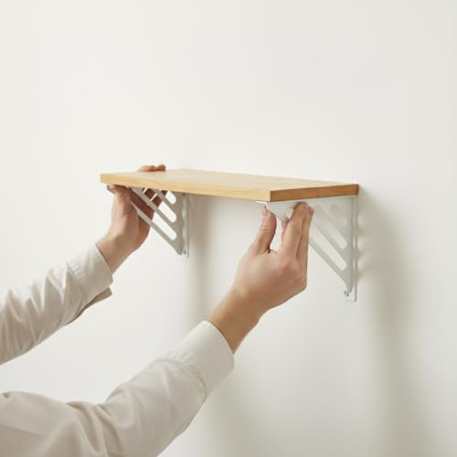 Image of Wall Shelf with Wooden Top Black|White Iron Brackets Storage Rack|Industrial Wall-Mounted Floating Shelf for Living Room,Kitchen,Bathroom (White Lines Large)