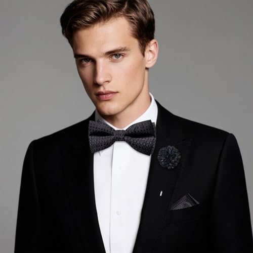 Image of Hi-Tie Bow Ties for Men Pre-Tied Pocket Square with Cufflinks Mens Bowtie Sets for Wedding Formal Party