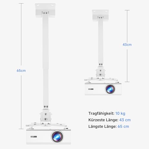 KOGATA 4-Arm Beamer-Decken- & Wandhalterung, Verstellbare Aluminiumlegierung 43–65 cm, 360° Drehbar, ±30° Neigung, Tragkraft 10 kg, Kompatibel mit den meisten Beamern Weiß