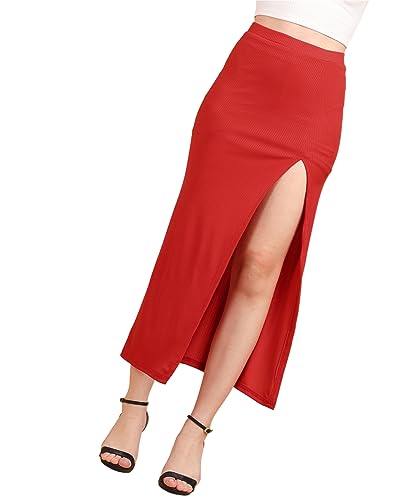Image of POPWINGS Casual Solid Self Design Rib Long Slit Skirt for Women - Stylish Summer Skirt