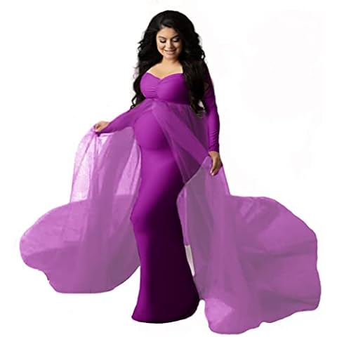 ZIUMUDY Maternity Off Shoulder Tulle Photoshoot Photography Dress Fitted Long Sleeve Baby Shower Dress, Purple, XX-Large Cover