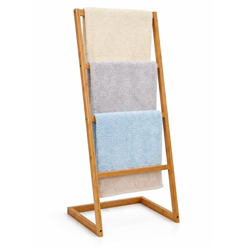TOPVALEUR Bamboo Towel Rack Freestanding Towel Rail and Towel Holder with Four Hanging Bars for Bathroom Storage and Clothes Drying Stand