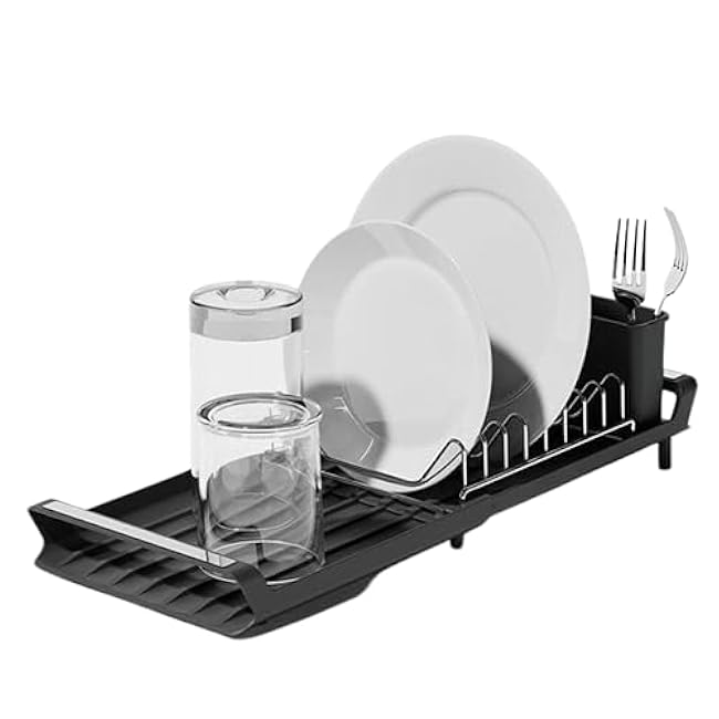 Dish Drying Rack, Expandable Kitchen Dish Racks for Kitchen Counter with Inclined Sloped Drain, Removable Stainless Steel Plate Rack & Utensil Holder, Collapsible Dish Drainer Grey, 11-19 in