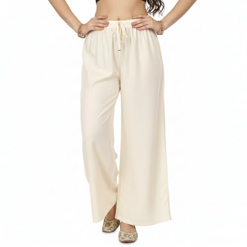 Image of Women's Rayon Palazzo Pants | Solid Color Wide Leg Trousers in 18 Shades | Elastic Waist Casual Bottoms XS-7XL | Comfortable
