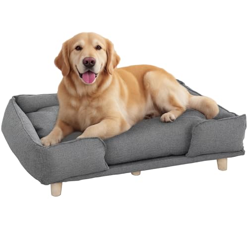 PawHut Divano per cani con schienale, gambe in legno, cuccia per cani con poliestere, divano per cani di grossa taglia, fino a 30 kg e 60 cm di altezza, 96 x 66 x 24 cm, grigio scuro
