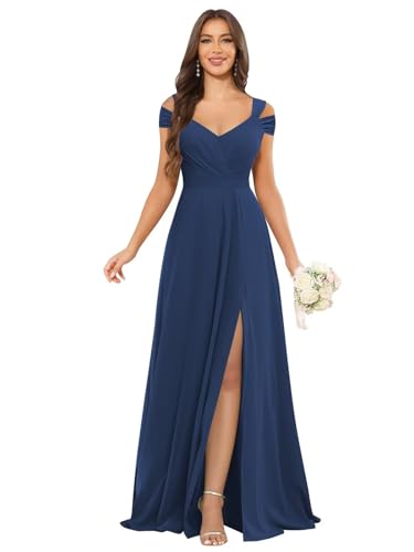 Image of petyoo Off Shoulder Chiffon Bridesmaid Dresses with Slit Long Formal Evening Dress