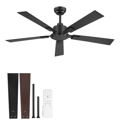 ZMISHIBO 52 Inch Ceiling Fan No Light with Remote, Black Ceiling Fan without Lights, Quiet Reversible DC Motor, 6-Speeds, Modern Ceiling Fans for Living Room, Bedroom, Patio, Indoor/Outdoor Use