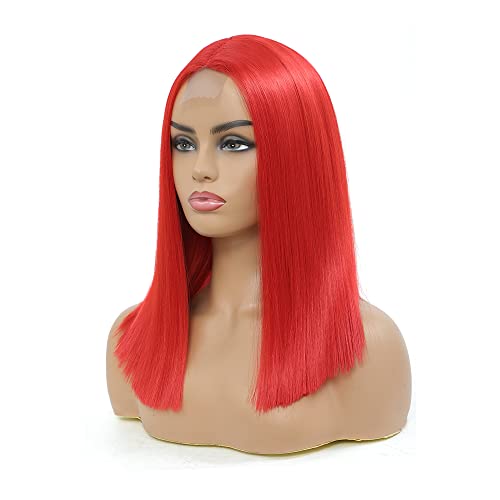 VEAEE Red Wigs for Women Short Straight Bob Wig Edge Synthetic Lace Front Red Wigs Middle Part Shoulder Length Heat Resistant Wigs for Party Costume Cosplay Halloween(14 Inch, Red)