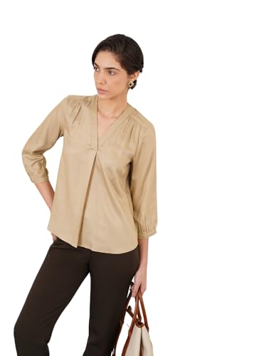 Image of FableStreet Women Formal & Casual Top | V-Neckline with Gathered Back Detail & Three-Quarter Sleeves | Premium Satin Fabric for Office Wear & Sophisticated Outings