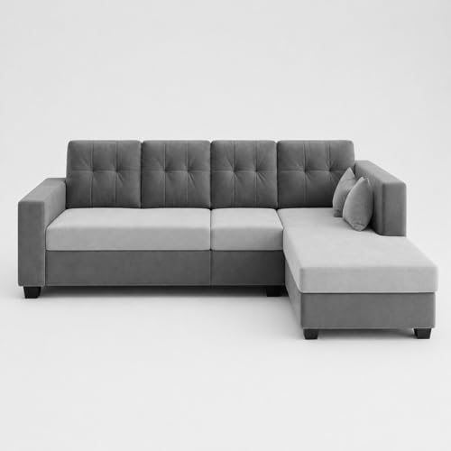 Image of FURNY Nathan 8 Seater L Shape Sofa Set RHS (Light Grey-Dark Grey) | Suede Velvet Finish | Durable Comfort Sofa for Modern Living Room & Office Spaces