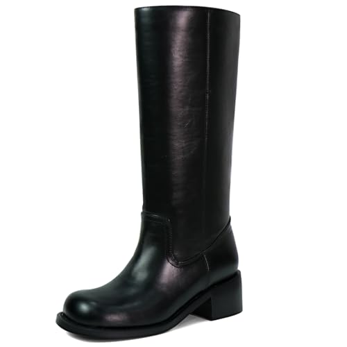 VBDB Tall Black Boots for Women Knee High Wide Calf Squate Toe Campus Boots Chunky Heel Long Riding...