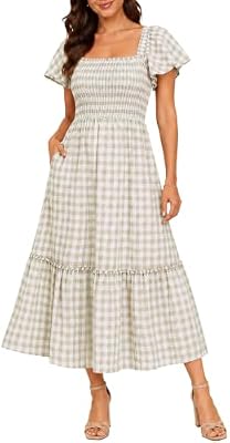 Pinup Fashion Summer Gingham Smocked Midi Plaid Beige Maternity Dress