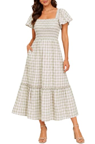Pinup Fashion Summer Gingham Smocked Midi Plaid Beige Maternity Dress