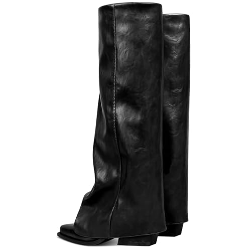 Image of Women's Fold Over Knee High Boots Wide Calf Chunky Heel Long Boots