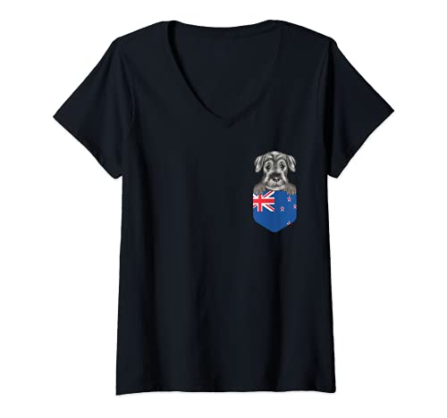 Womens New Zealand Flag Standard Schnauzer Dog In Pocket V-Neck T-Shirt, Black