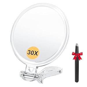 Auxmir Espejo de Mano, Aumento 30X / 1X Doble Cara, Espejo de Maquillaje con Asa Plegable Colgar Pared, Portátil para Viaje Baño, Redondo, Transparente