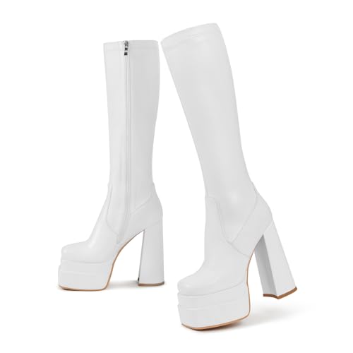 Image of wetkiss Classic Platform Knee High Boots Go Go Boots | Chunky Heel, Hallowee, Stretch Fabric, Square Toe, Good Gifts, Cosplay Custume, Festival,Versatile