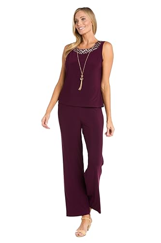 R&M Richards 3PC Pantsuit W/Mitered Stripe Metallic Duster & Detachable Necklace2