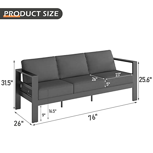 Betterhood Outdoor Aluminum Patio Furniture Set, Modern Outdoor Sectional With 5" Cushion & Wide Armrest & Backrest, Patio 3-Seat Sofa For Balcony, Garden, Dark Grey #TOP5