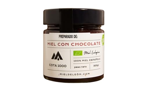 Miel con chocolate. Miel pura de abeja. Mieles crudas con chocolate en envase de 300 grs. Sabor intenso a choco. Producto Artesano de Cosecha Propia. Origen: El Bierzo.