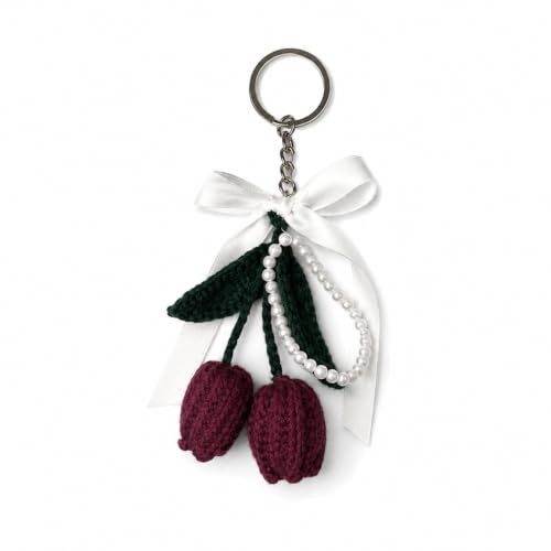 Image of Handmade Crochet Tulip Keychain with Pearl String - Cute Floral Bag Charm & Aesthetic Purse Pendant, Knitted Flower Keyring Accessory Gift for Girls & Women