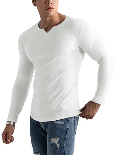 Muscle Cmdr-Camiseta de Manga Larga Hombre Stretch Slim Fit tee V Cuello Camiseta Interior para Hombre (Blanco S)
