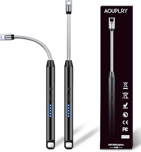 Aouplry Candle Lighter, 2 PCS Rechargeable USB Electric Lighter Windproof Flameless, 360° Flexible Neck & LED Display for BBQ, Grill, Camping, Fireplace, Stove(Black)