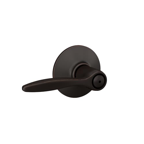 Image of Schlage Delfayo Bed /Bath Privacy Door Handle with Lock, Aged Bronze | Interior bedroom or bathroom door lever with push button lock, Reversible, Easy install, Certified durability, Universal fit