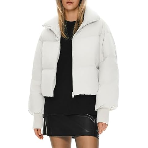 Orolay Women's Winter Oversized Cropped Puffer Jacket Zip Up Short Down Coat Stand Collar Baggy Overcoat Off-white Medium Cover
