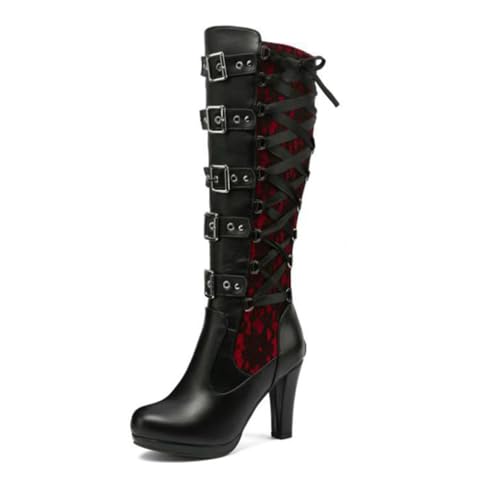 FAIRSOMA Women'S Lace Up Victorian Knee-High Boots,Classics Vintage Round Toe Kitten Heel Witch Boots Knight Combat Boots Buckle Riding Boots3