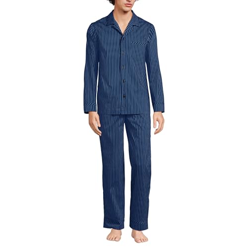 Lands' End Men's Long Sleeve Temperature Regulating Woven Sleep Set Medium Deep Sea Navy Stripe