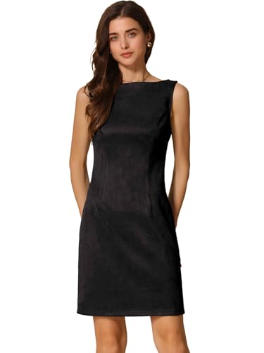 Allegra K Damen Kleid aus Wildlederimitat U-Boot-Ausschnitt Ärmellos Etuikleider Schwarz L