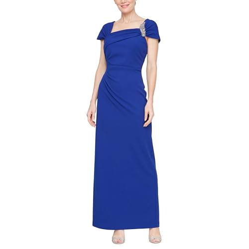 Alex Evenings Women's Long Crepe Mother of The Bride Dress with Ruched Asymmetric Neckline & Embellishment, Formal Events