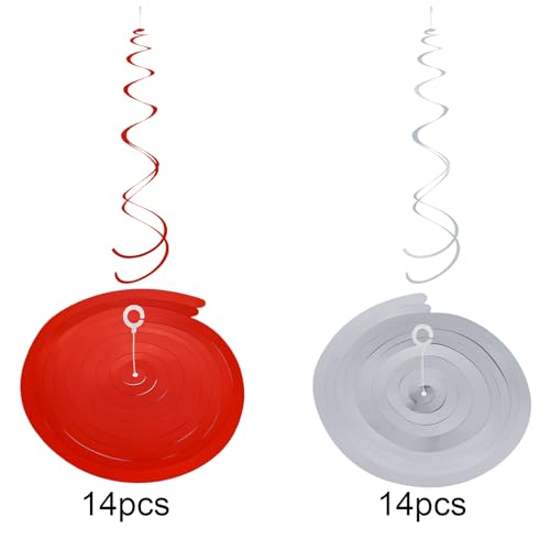 Image of Colorful Ceiling Swirl Foil Decorations Hanging Plastic Streamer Themed Swirl Party for Christmas Graduation Celebration, Pack of 28 (Red and Sliver)
