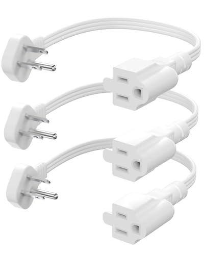 Image of Flat Plug Short Extension Cord 1Ft White Low Profile Adapter 3 Prong Indoor Small Grounded Power Cable Outlet Saver 16AWG 13A 1625W 3 Pack